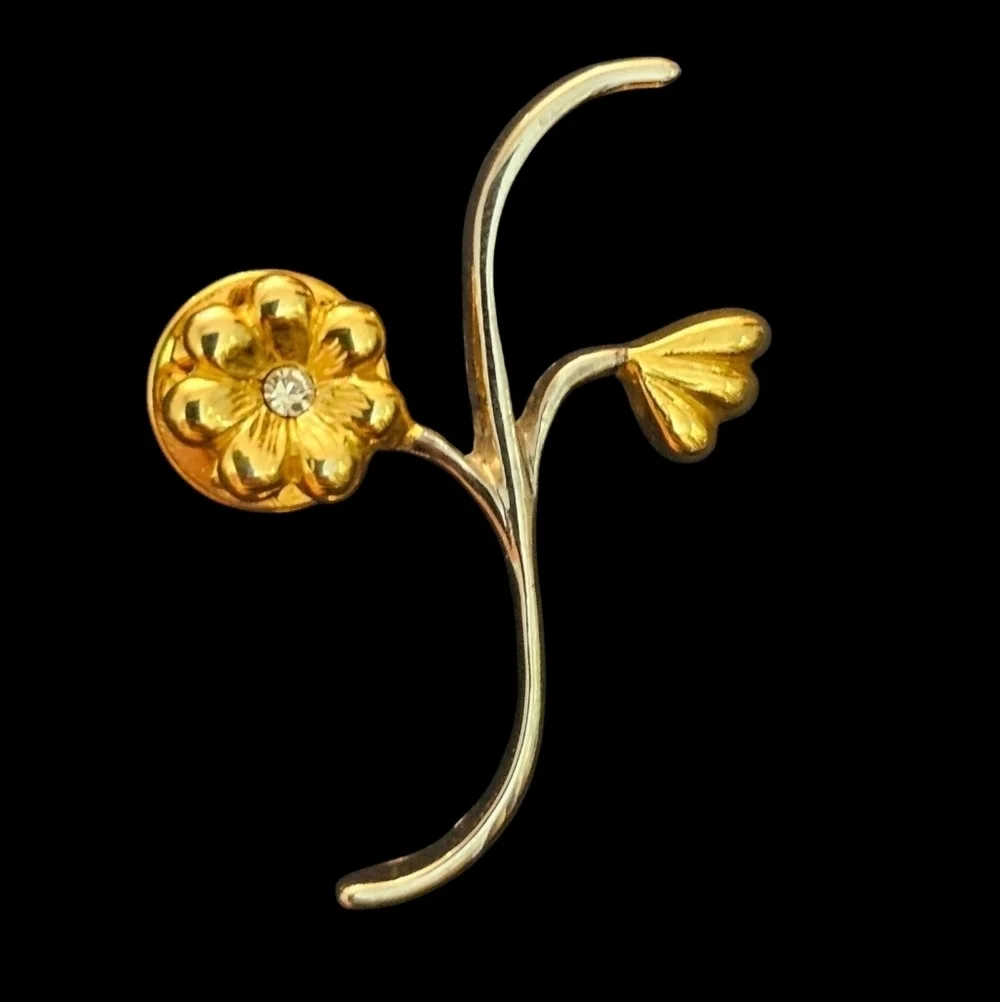 Vintage 1990 Push Back FLORAL lapel Pin gold tone Clear Rhinestone